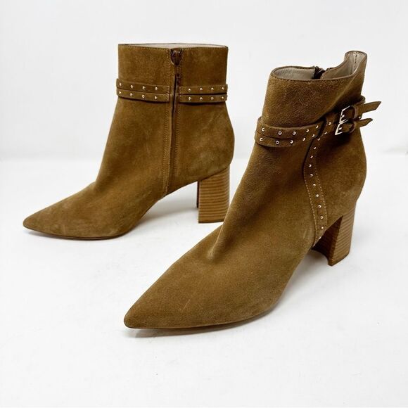 Paige Celia Boots Cognac Pointed Toe Suede Block Heel Booties Size 11 - Picture 5 of 10